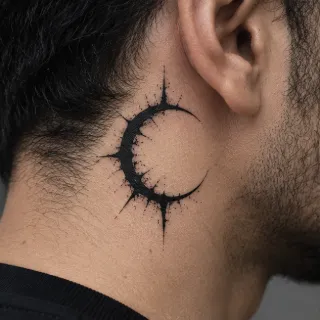 Blackwork crescent moon neck tattoo with spiked edges