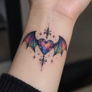 Colorful gemstone heart with bat wings wrist tattoo
