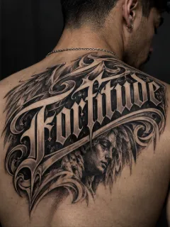 Black and grey lettering and angel back tattoo