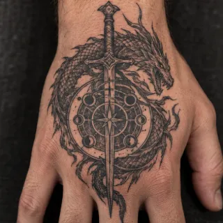 Blackwork dragon sword and compass hand tattoo