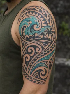 Polynesian tribal wave and mountain shoulder tattoo