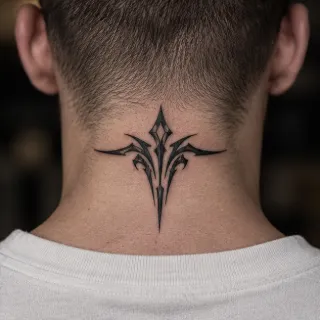 Blackwork tribal style symbol back of neck tattoo