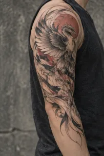 Phoenix and red sun japanese style upper arm tattoo