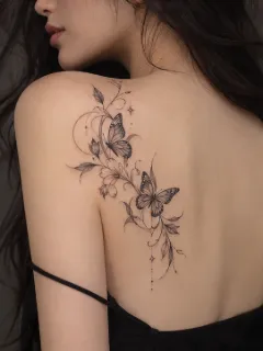Fine line butterfly and floral shoulder blade tattoo