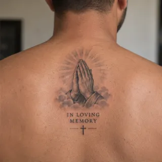 Praying hands with clouds and memorial text upper back tattoo