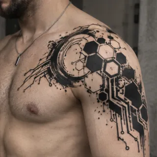 Blackwork geometric hexagon and circuit pattern shoulder tattoo