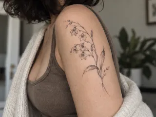 Fine line botanical flower branch upper arm tattoo