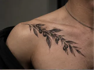 Fine line olive branch collarbone tattoo