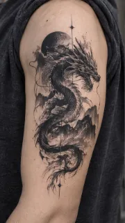 Blackwork dragon with moon and mountains upper arm tattoo