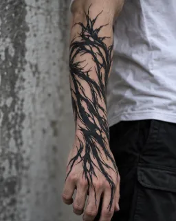 Abstract blackwork branch and vine forearm and hand tattoo
