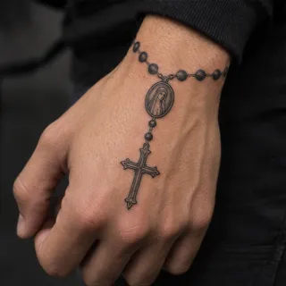 Realism rosary beads with cross and portrait hand tattoo