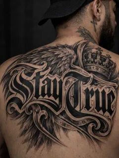 Stay true lettering with wings and crown back tattoo
