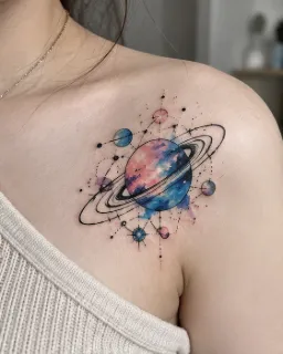 Watercolor solar system planet and rings collarbone tattoo