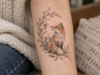 Fine line fox and floral wreath forearm tattoo