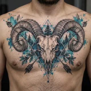Watercolor ram skull with arrows and forest chest tattoo