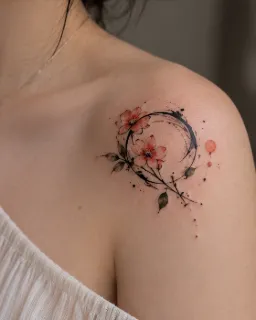 Watercolor floral and brushstroke circle shoulder tattoo