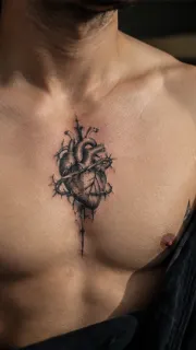 Anatomical heart with barbed wire chest tattoo