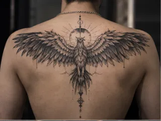 Geometric phoenix bird with sun rays upper back tattoo