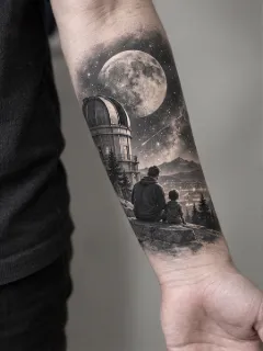 Realism observatory moon and people landscape forearm tattoo
