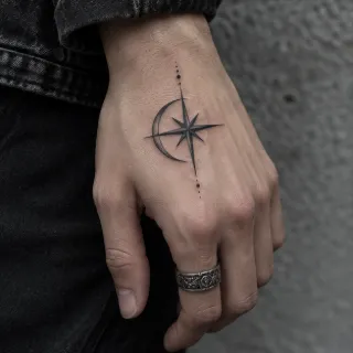 Fine line north star and crescent moon hand tattoo