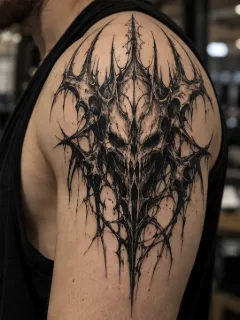Dark biomechanical skull shoulder tattoo with sharp abstract spikes