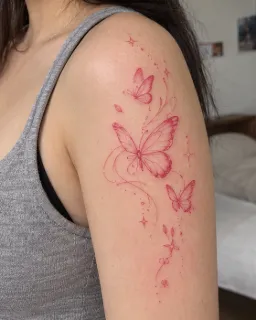 Red fine line butterfly and stars upper arm tattoo