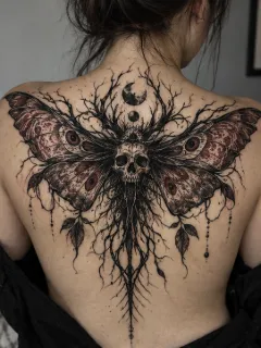 Dark surrealist skull moth and moon back tattoo