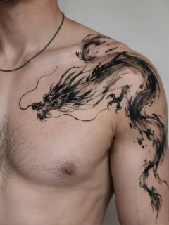 Black ink brush style dragon shoulder and chest tattoo
