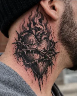 Black and grey sacred heart with thorns neck tattoo