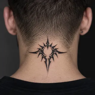 Blackwork tribal star symbol nape of neck tattoo