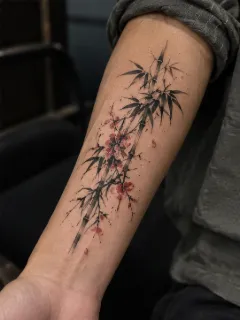 Watercolor bamboo and red flower forearm tattoo
