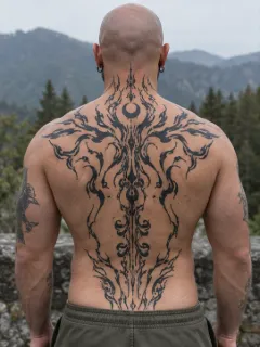 Abstract blackwork ornamental spine and back tattoo