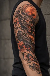 Japanese dragon with moon and flowers upper arm tattoo