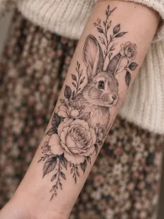 Fine line rabbit and floral forearm tattoo