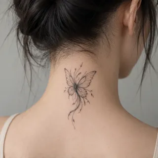 Fine line butterfly with flowing tendrils neck tattoo