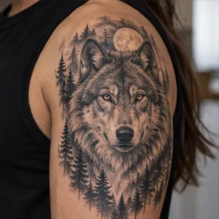 Realism wolf forest and moon upper arm tattoo