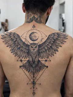 Geometric owl and crescent moon back tattoo