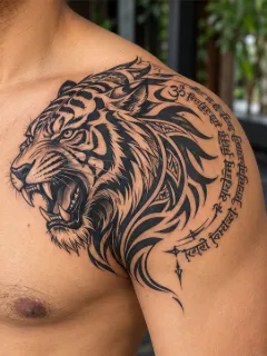Blackwork tiger head with sanskrit script shoulder tattoo