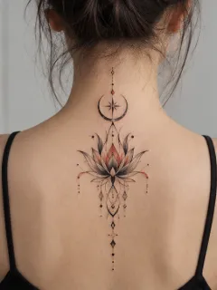 Fine line lotus flower and crescent moon back tattoo