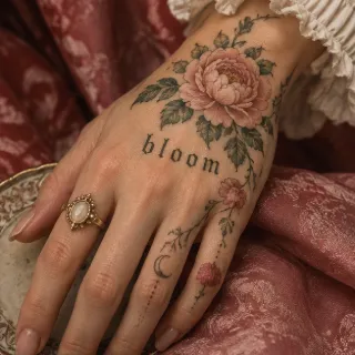 Floral bloom lettering and crescent moon hand tattoo