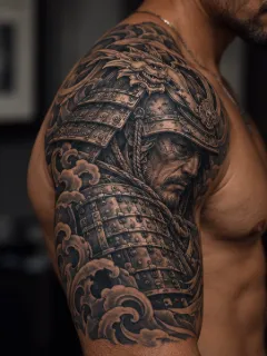 Realism samurai warrior and waves shoulder tattoo