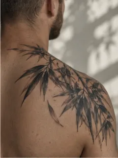 Black and grey bamboo leaves shoulder tattoo