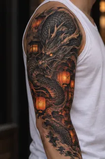 Japanese dragon and glowing lanterns upper arm sleeve tattoo
