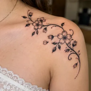 Fine line floral vine shoulder tattoo
