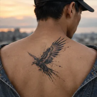 Blackwork eagle in flight upper back tattoo