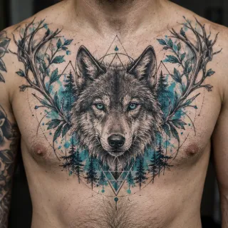 Wolf with antlers and forest geometric chest tattoo