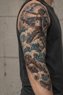 Realism lighthouse and crashing ocean waves upper arm tattoo