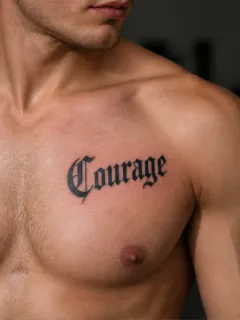 Courage word in gothic lettering chest tattoo