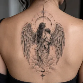 Realism angel holding child with moon and stars back tattoo