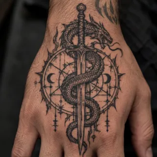 Blackwork dragon sword and geometric moon hand tattoo